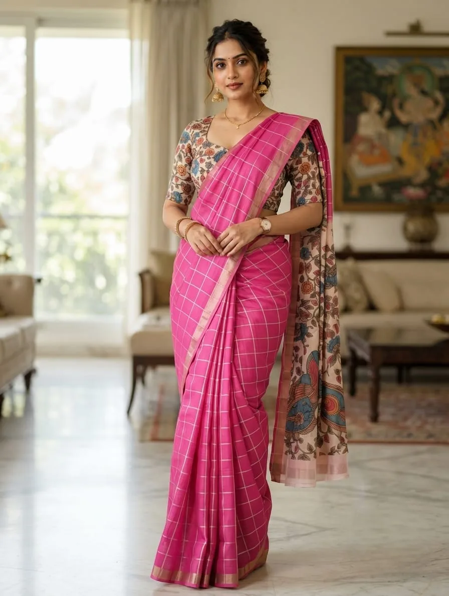 Kalamkari Pallu Checks Linen Cotton Saree